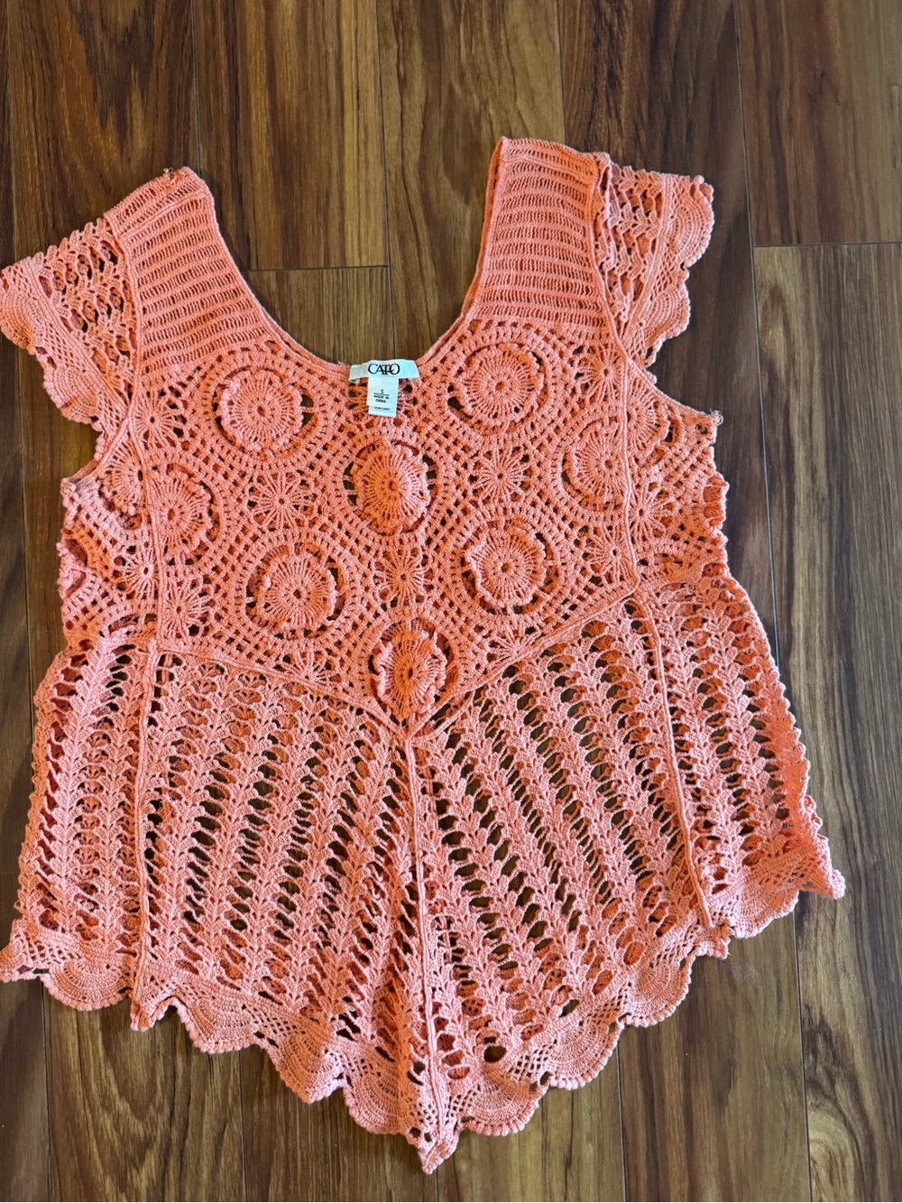 Cato Coral Crochet Flutter Sleeve Tunic Top